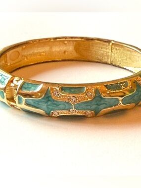 Gold-Tone Turquoise Enamel Hinged Bangle Bracelet